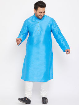 Vastramay - Men Blue and White Silk Blend Kurta Pyjama