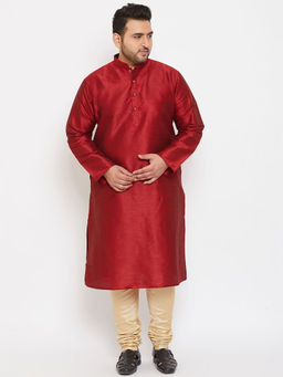 Vastramay - Men Maroon and Gold Silk Blend Kurta Pyjama