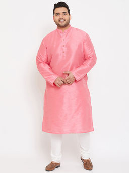 Vastramay - Men Pink and White Silk Blend Kurta Pyjama