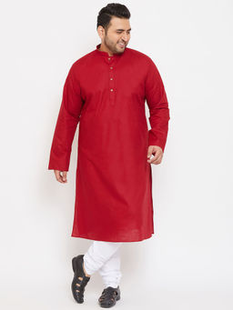 Vastramay - Men Maroon and White Cotton Blend Kurta Pyjama