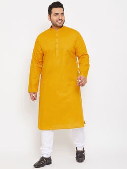 Vastramay - Men Mustard and White Cotton Blend Kurta Pyjama