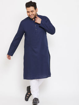 Vastramay - Men Navy Blue and White Cotton Blend Kurta Pyjama