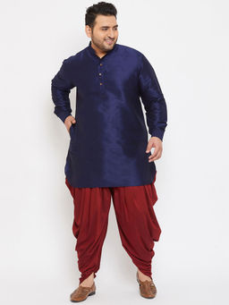 Vastramay - Men Navy Blue and Maroon Silk Blend Kurta and Dhoti