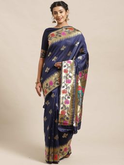 Sareemall - Navy Blue Floral Printed Saree