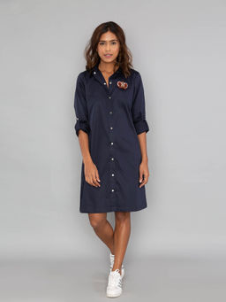 Pallavi Swadi - Navy Shirt Dress With Red Velvet Crown Brooch - Customisable
