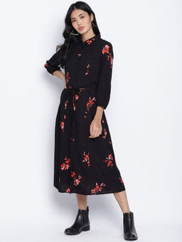 Oxolloxo - Alluring Black Floral Orint Button Down Women Dress