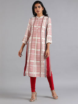 W - White & Red Mandarin Neck Printed Kurta