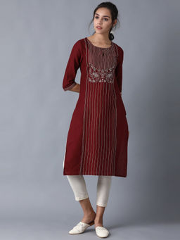 W - Maroon Keyhole Neck Straight Kurta
