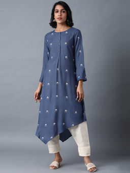 W - Blue Round Neck Printed Kurta