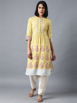 W - Yellow Mandarin Neck Printed Livaeco Kurta