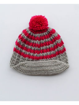 Woonie - Handmade Grey and Magenta Striped Cap for Girls