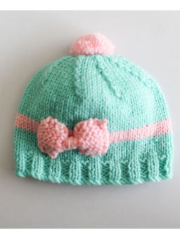 Woonie - Handmade Green Cap with Pink Bow Detail for Kids