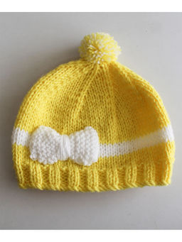 Woonie - Handmade Yellow Knitted Cap with White Bow Detail for Kids