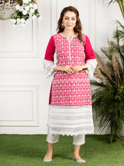 Mulmul - Pink Embroidered Cotton Veronica Kurta With Pants (Set of 2)