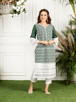 Mulmul - Green Embroidered Cotton Veronica Kurta With Pants (Set of 2)