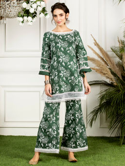 Mulmul - Green Embroidered Cotton Hydrangea Kurta With Hydrangea Pants (Set of 2)