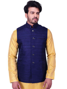 Manyavar - Blue Silk Blend Waistcoat for Men