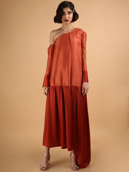 Saksham & Neharicka - Rust Brick Asymmetric One Shoulder Dress