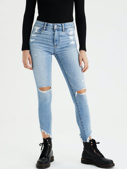 American Eagle - Blue Denim Crop Ribbed Jeans