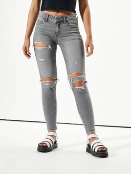 American Eagle - Grey Solid Ribbed Jeans