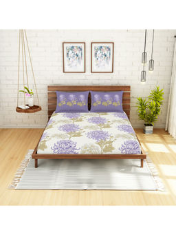 Welspun - Atrium Blue Floral Cotton 144 Tc 1 Queen Bedsheet With 2 Pillow Covers