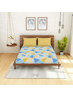 Welspun - Atrium Blue Geometric Cotton 144 Tc 1 Queen Bedsheet With 2 Pillow Covers