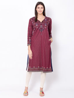 Biba - Maroon Printed Winter Long Kurta