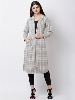 Biba - Grey Front Open Printed Long Jacket