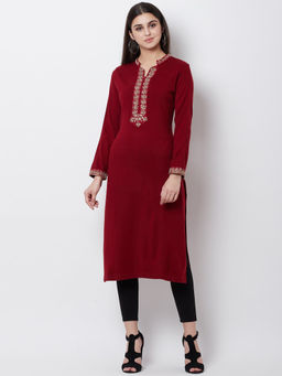 Biba - Maroon Solid Winter Long Kurta