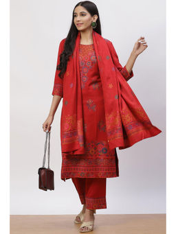 Rangriti - Maroon Acrylic Straight Suit Set (Pack Of 3)