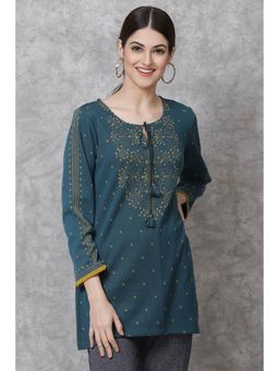 Biba - Teal Straight Poly Metallic Short Kurtis
