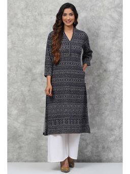 Biba - Navy Straight Poly Metallic Kurta