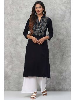 Biba - Navy Straight Acrylic Kurta