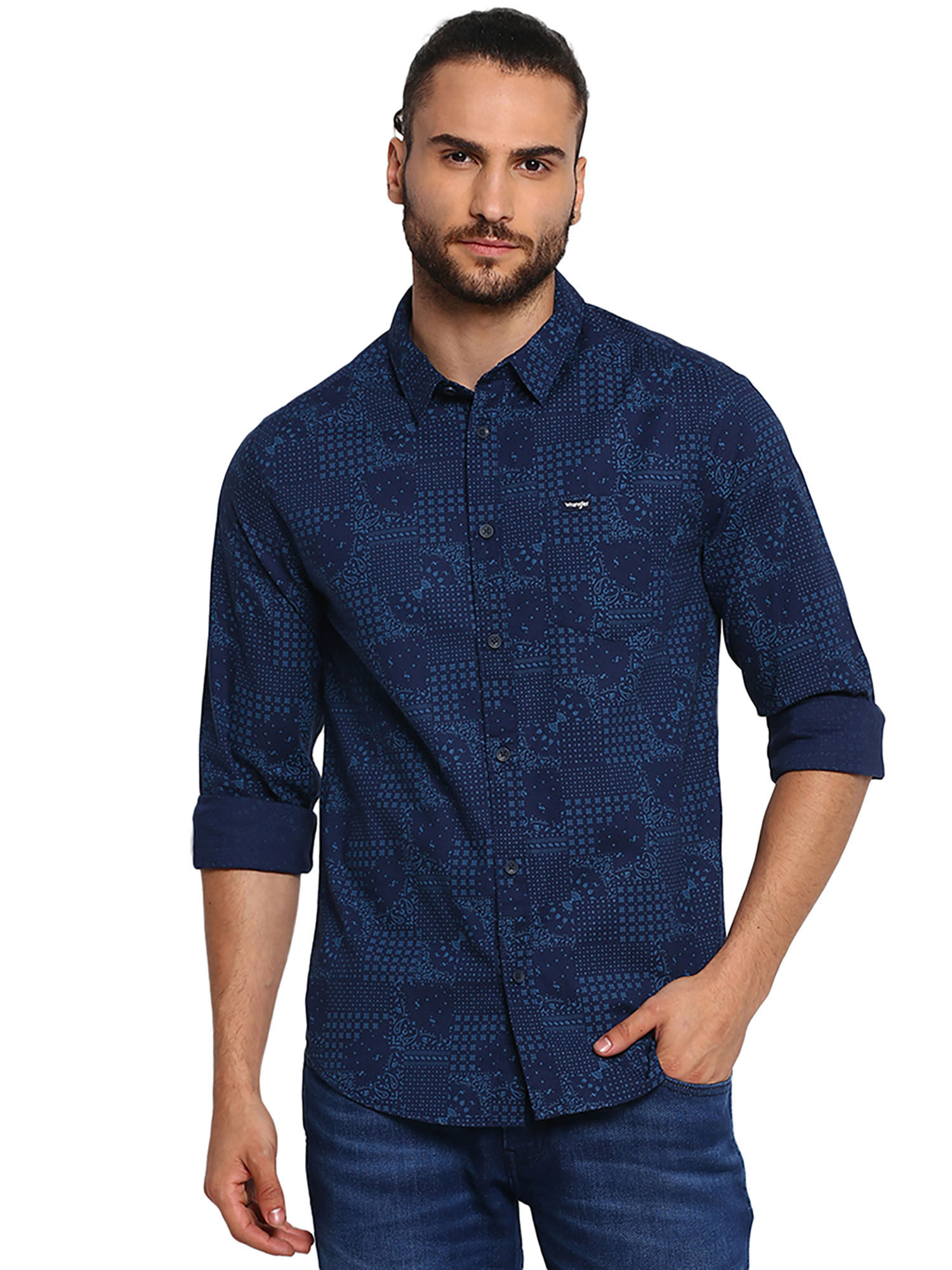 Wrangler Blue Printed Slim Fit Shirt 