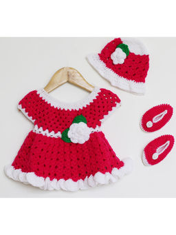 Woonie - Handmade Crochet Pink Frock with Cap and Booties (Set of 3)