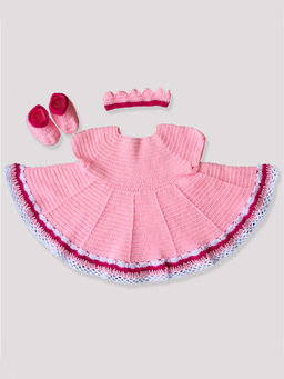Woonie - Handmade Crochet Peach Frock with Crown Headband and Booties (Set of 3)