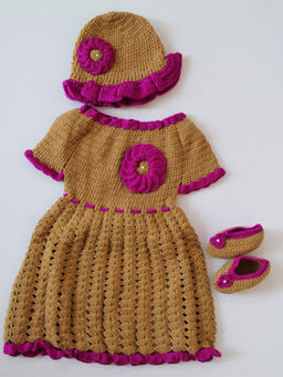 Woonie - Handmade Crochet Brown Fit and Flare Frock with Cap & Booties (Set of 3)