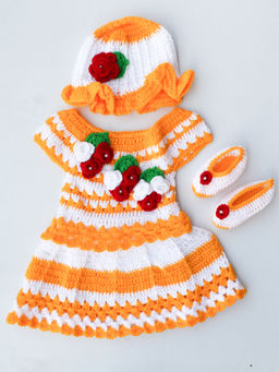 Woonie - Handmade Crochet Yellow Floral Frock with Cap and Booties (Set of 3)