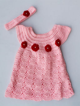 Woonie - Handmade Crochet Pink Floral Frock with Hairband (Set of 2)