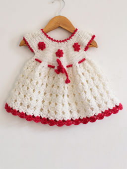 Woonie - Handmade Crochet Cream Frock with Contract Border