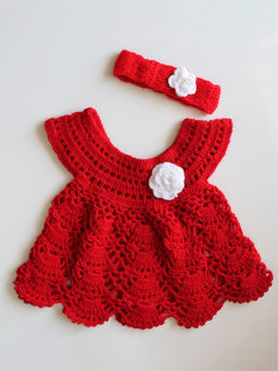 Woonie - Handmade Crochet Red Frock with Headband (Set of 2)