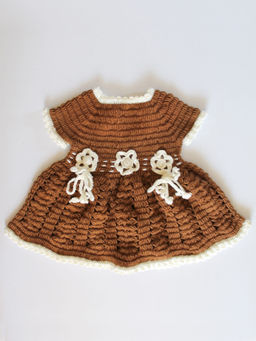 Woonie - Handmade Crochet Brown Frock with Floral Belt