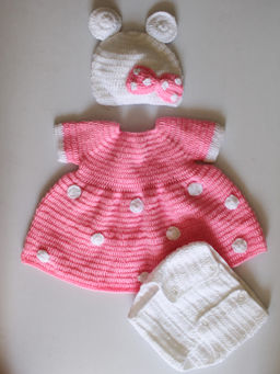 Woonie - Handmade Crochet Pink Frock Photoprop with Cap and Booties (Set of 3)