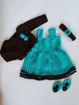 Woonie - Handmade Crochet Green Frock with Shrug, Headband and Booties (Set of 4)