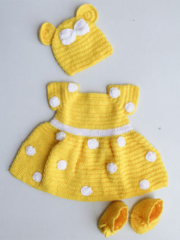 Woonie - Handmade Crochet Yellow Polka Pattern Frock with Cap and Booties (Set of 3)