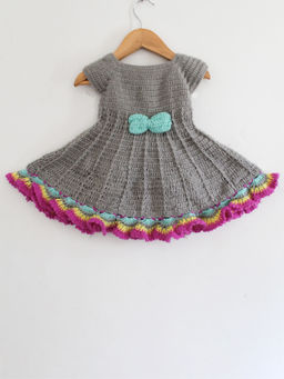 Woonie - Handmade Crochet Grey Frock with Multi-coloured Hemline