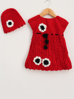 Woonie - Handmade Crochet Sleeveless Red Frock with Matching Cap (Set of 2)