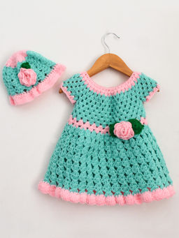 Woonie - Handmade Crochet Green Frock with Cap Sleeve (Set of 2)