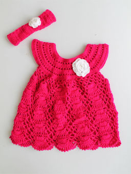 Woonie - Handmade Crochet Sleeveless Magenta Frock with Matching Headband (Set of 2)