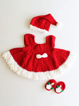 Woonie - Handmade Crochet Heay Flare Red Frock with Cap and Booties (Set of 3)